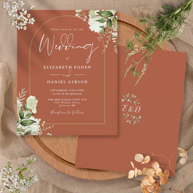 Lámina Invitación a la boda del Arco de Oro Floral de Ter (Budget Terracotta Floral Gold Arch Wedding Invite)