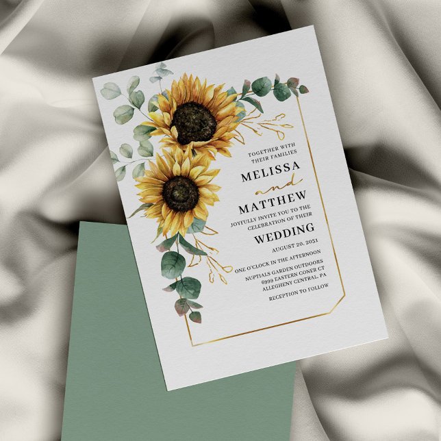 Lámina Invitación a la boda del Eucalipto del girasol pre (Watercolor Sunflower Eucalyptus Wedding Invitation)