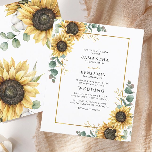 Lámina Invitación a la boda del Eucalipto del girasol pre (Floral Modern Sunflower Eucalyptus Wedding Invitation)