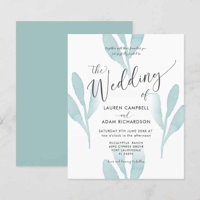 Lámina Invitación a la boda del follaje acuático Verde az (Anverso / Reverso)