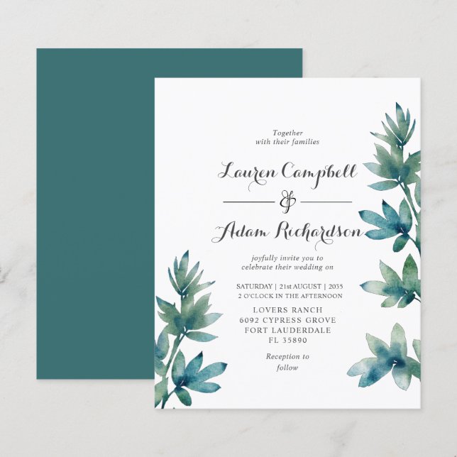 Lámina Invitación a la boda del follaje acuático Verde az (Anverso / Reverso)