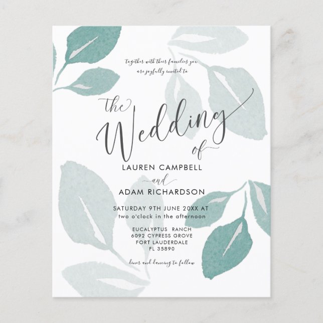 Lámina Invitación a la boda del follaje acuático Verde az (Anverso)