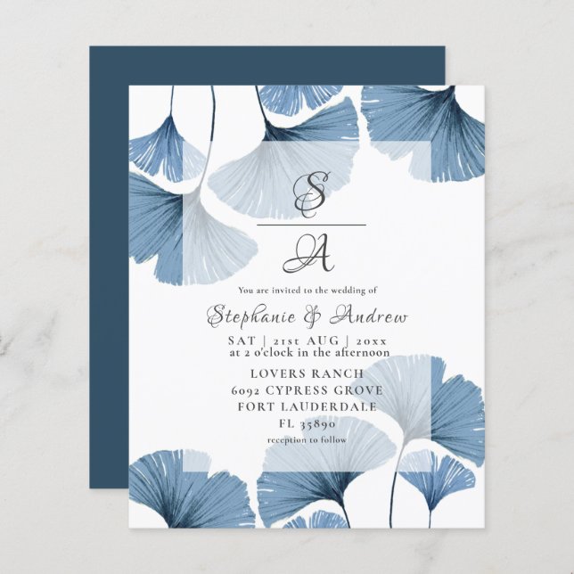 Lámina Invitación a la boda del follaje azul acuarela (Anverso / Reverso)