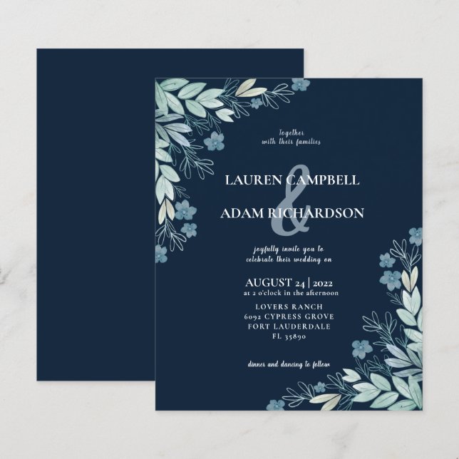 Lámina Invitación a la boda del follaje azul elegante del (Anverso / Reverso)