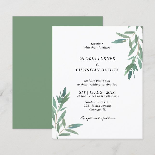 Lámina Invitación a la boda del follaje verde del presupu (Anverso / Reverso)