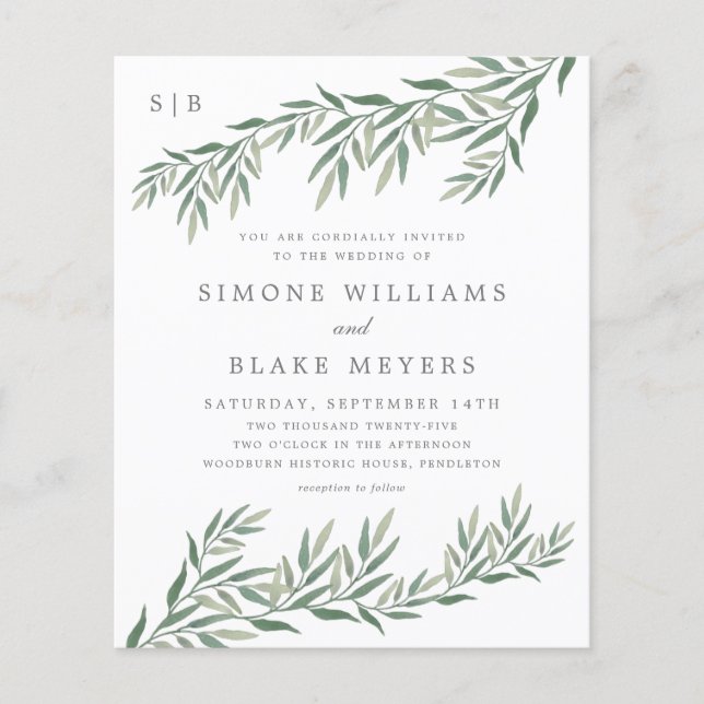 Lámina Invitación a la boda del follaje verde elegante de (Anverso)