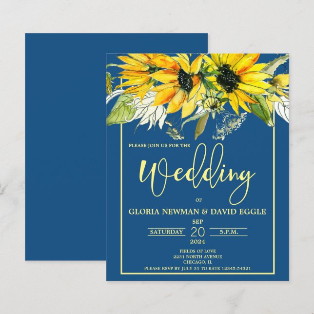 Lámina Invitación a la boda del girasol azul clásico del  (Anverso / Reverso)