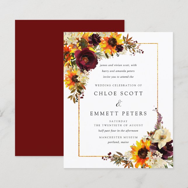 Lámina Invitación a la boda del girasol de las flores de  (Anverso / Reverso)