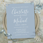 Lámina Invitación a la boda del guión azul de Dusty Budge<br><div class="desc">Con nombres de estilo característico,  esta elegante invitación a una boda azul polvorienta con presupuesto puede ser personalizada con su información en letras de moda. Diseñado por Thisisnotme©</div>