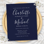 Lámina Invitación a la boda del guión azul de la marina d<br><div class="desc">Con nombres de estilo característico,  esta elegante invitación a una boda económica puede ser personalizada con su información en tipografía moderna. Diseñado por Thisisnotme©</div>