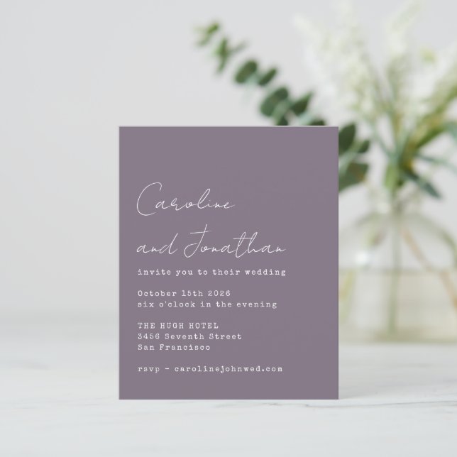 Lámina Invitación a la boda del guión de escritura púrpur (Anverso de pie)