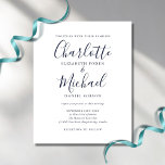 Lámina Invitación a la boda del guión de la Moda azul de<br><div class="desc">Con nombres de estilo característico,  esta elegante invitación a bodas en blanco y azul marino con presupuesto reducido se puede personalizar con su información en letras de moda. Diseñado por Thisisnotme©</div>