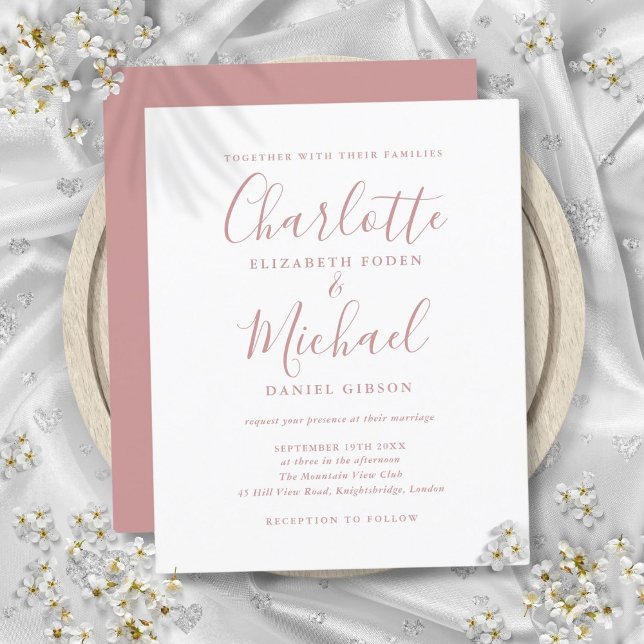 Lámina Invitación a la boda del guión de Rosa de presupue (Budget Dusty Rose Script Wedding Invitation)