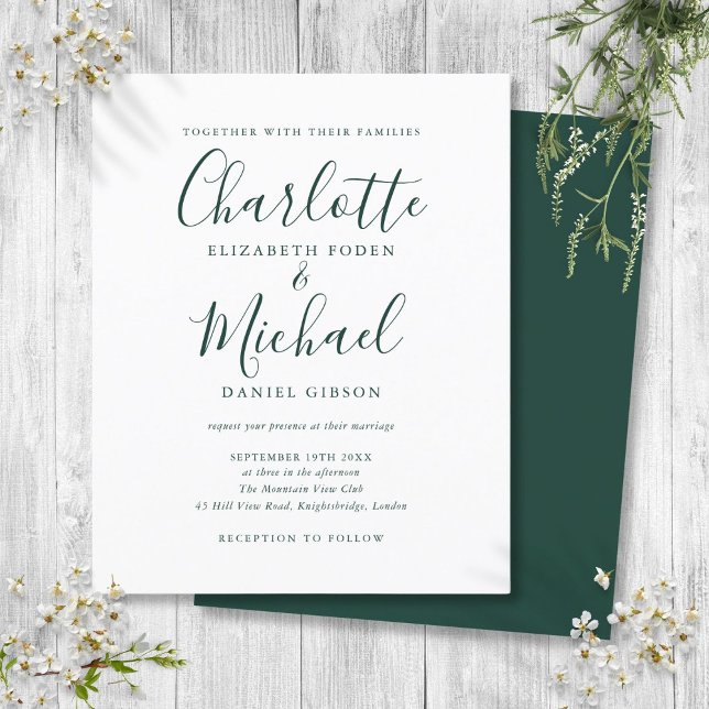 Lámina Invitación a la boda del guión verde de esmeralda  (Budget Emerald Green Script Wedding Invitation)