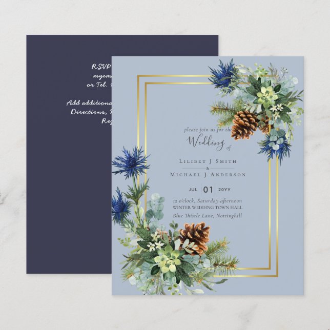 Lámina Invitación a la boda del hilo azul del invierno (Anverso / Reverso)