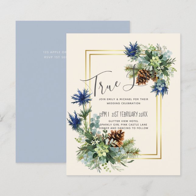 Lámina Invitación a la boda del hilo azul del invierno (Anverso / Reverso)