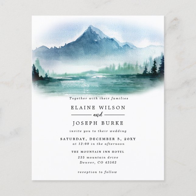 Lámina Invitación a la boda del lago de Montañas Pinas Pr (Anverso)