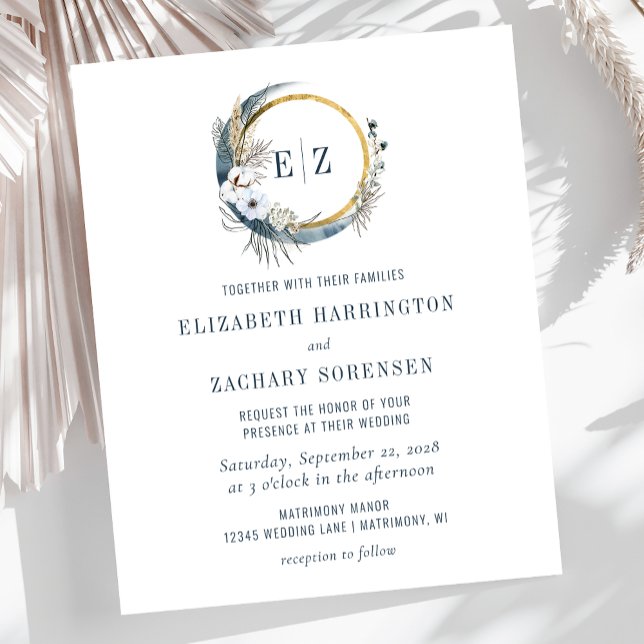 Lámina Invitación a la boda del Monograma Azul Boho Moon (Subido por el creador)