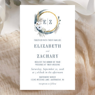 Lámina Invitación a la boda del Monograma Azul Boho Moon