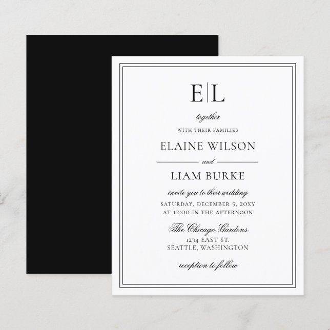 Lámina Invitación a la boda del Monograma Blanco Negro y  (Anverso / Reverso)