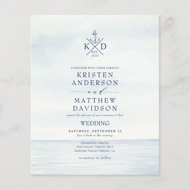 Lámina Invitación a la boda del monograma del ancla náuti (Anverso)