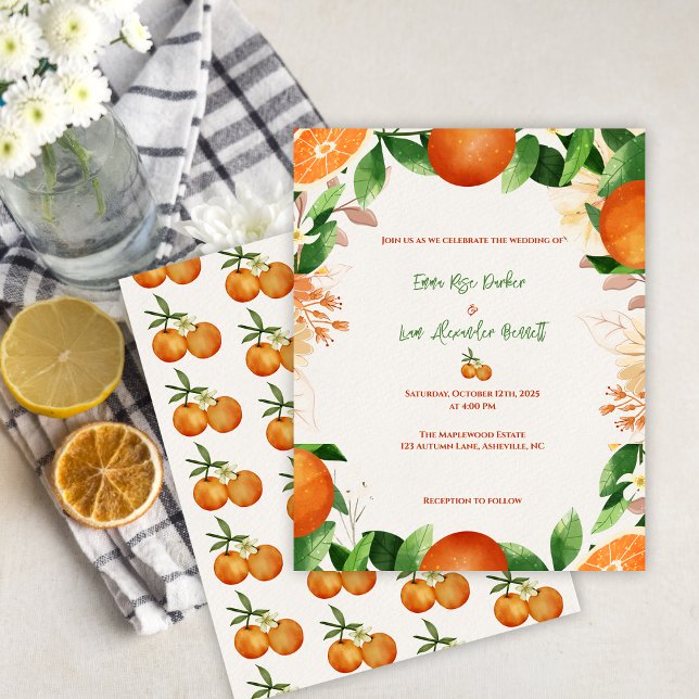 Lámina Invitación a la boda del naranja Citrus Orchard (Orange Botanical Citrus Orchard Wedding Invitation)