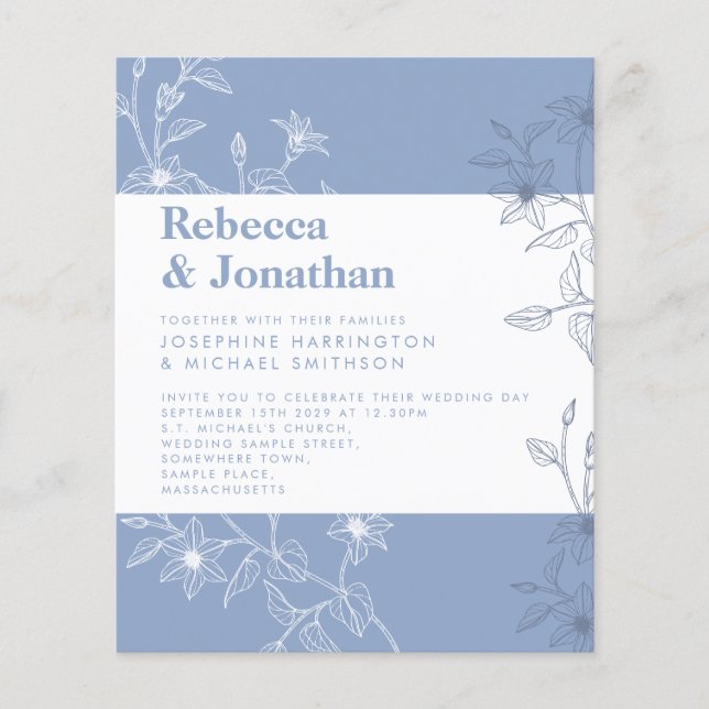 Lámina Invitación a la boda del papel floral azul turbule (Anverso)