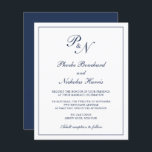 Lámina Invitación a la boda del presupuesto azul de la Ma<br><div class="desc">Invitación a bodas de estilo tradicional con un diseño sencillo y clásico, con su monograma inicial y sus nombres en una caligrafía elegante dentro de un borde delgado. Todos los elementos de diseño están en azul marino sobre un fondo blanco y pueden cambiarse en la herramienta de edición de diseño....</div>
