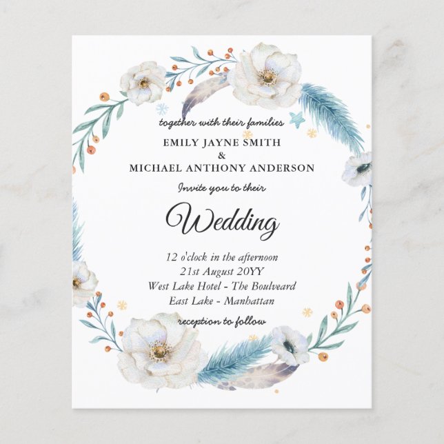 Lámina Invitación a la boda del presupuesto Floral azul d (Anverso)