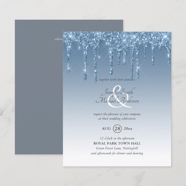 Lámina Invitación a la boda del Purpurina de goteo azul y (Anverso / Reverso)