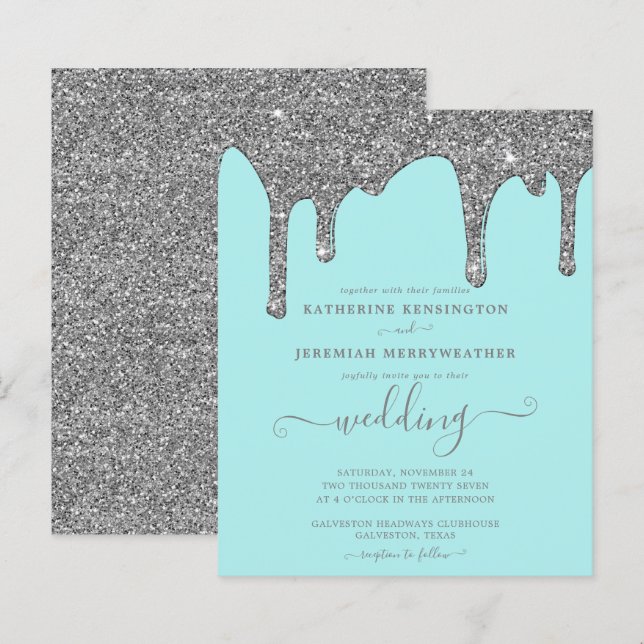 Lámina Invitación a la boda del Purpurina plateado Verde  (Anverso / Reverso)