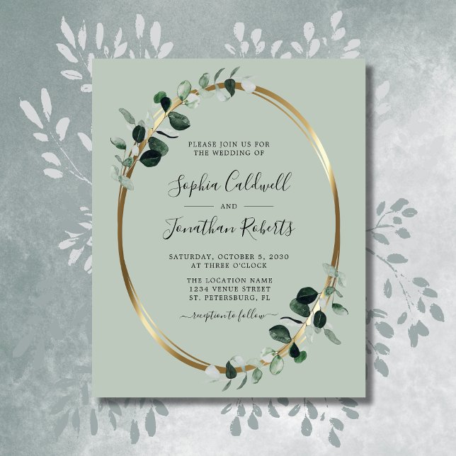 Lámina Invitación a la boda del Relieve metalizado dorado (Budget Eucalyptus Sage Gold Foil Wedding Invitation)