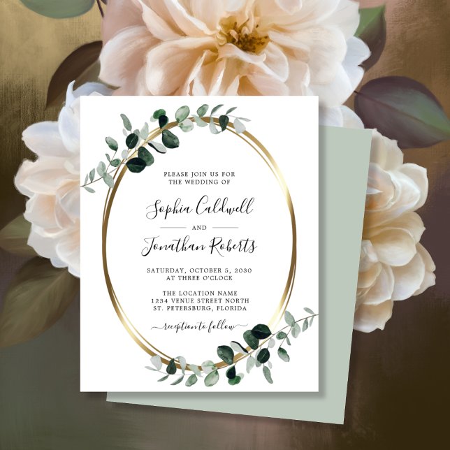 Lámina Invitación a la boda del sabio del Relieve metaliz (Budget Eucalyptus Gold Oval Wedding Invitation ScriptNames WhiteSage)
