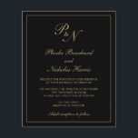 Lámina Invitación a la boda económica de monograma negro<br><div class="desc">Invitación a bodas de estilo tradicional con un diseño sencillo y clásico, con su monograma inicial y sus nombres en una caligrafía elegante dentro de un borde delgado. Todos los elementos de diseño están en oro falso sobre un fondo negro y pueden cambiarse en la herramienta de edición de diseño....</div>