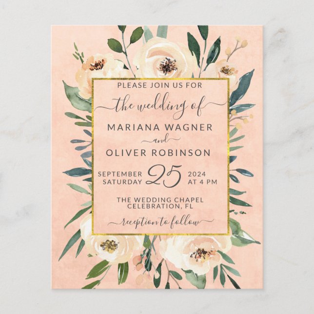 Lámina Invitación a la boda económica Floral Beige Oro Ro (Anverso)