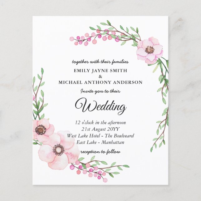 Lámina Invitación a la boda económica Floral rosa moderna (Anverso)