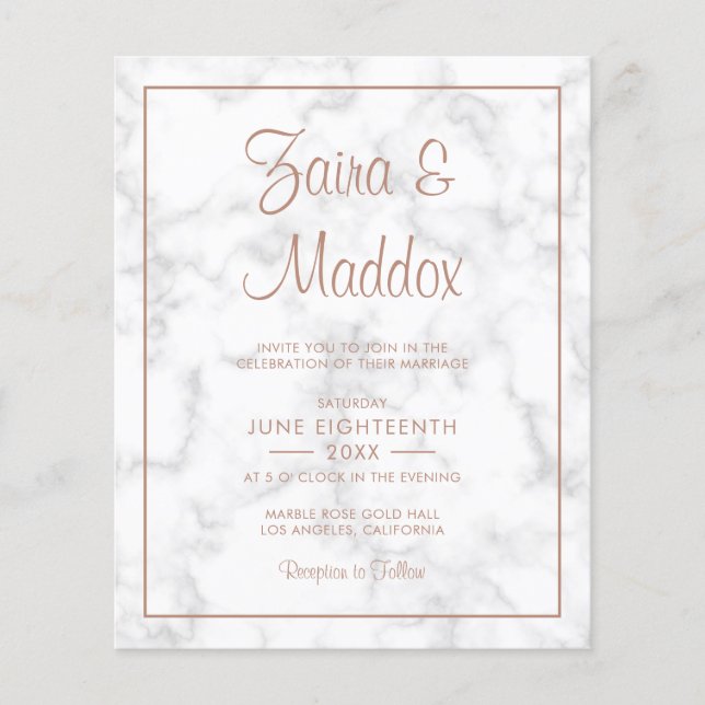 Lámina Invitación a la boda económica moderna de mármol d (Anverso)
