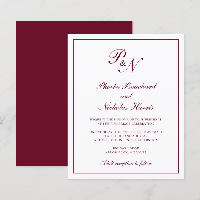 Lámina Invitación a la boda económica monograma en Borgoñ (Anverso / Reverso)