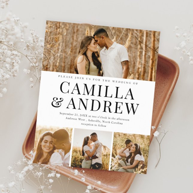 Lámina Invitación a la boda elegante con fotos de Budget  (Modern Typography Budget Photo Wedding Invitations.)