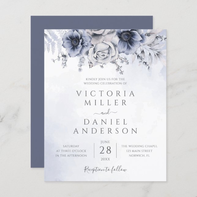 Lámina Invitación a la boda elegante floral azul y agitad (Anverso / Reverso)