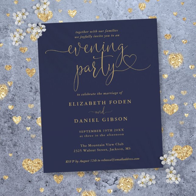 Lámina Invitación a la boda Fiesta de la Marina y la Noch (Budget Navy And Gold Evening Party Wedding Invite)