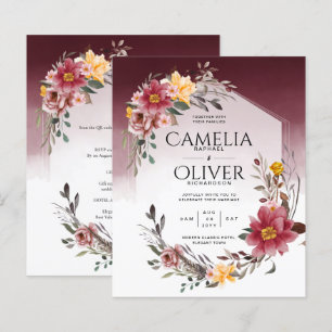 Lámina Invitación a la boda floral amarilla LeahG Burgund