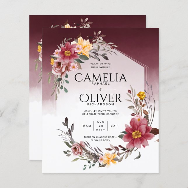 Lámina Invitación a la boda floral amarilla LeahG Burgund (Anverso / Reverso)