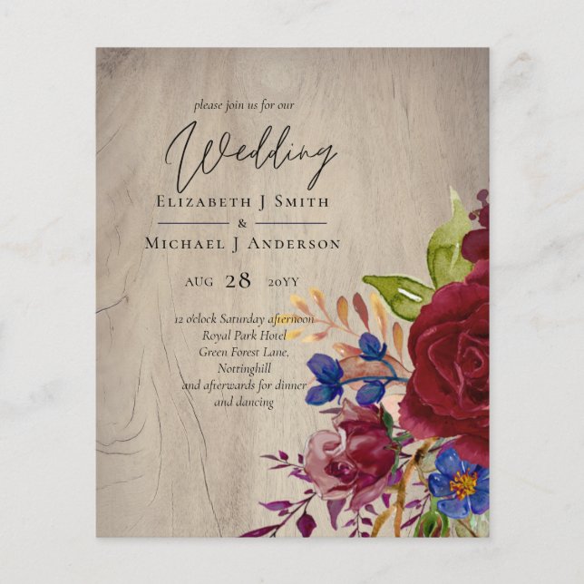 Lámina Invitación a la boda floral azul borgoñona (Anverso)