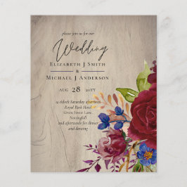 Lámina Invitación a la boda floral azul borgoñona