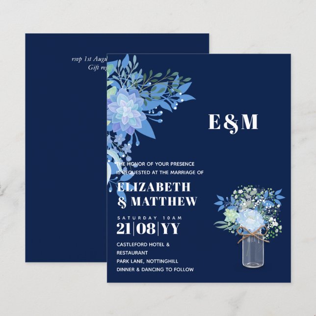 Lámina Invitación a la boda floral azul BUDGET (Anverso / Reverso)