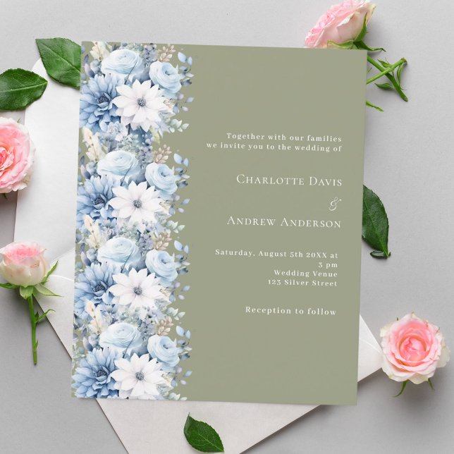 Lámina Invitación a la boda floral azul con polvo verde s (Subido por el creador)
