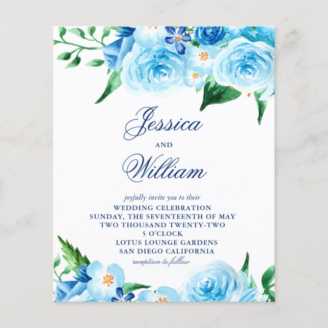 Lámina Invitación a la boda floral azul de acuarela de co (Anverso)