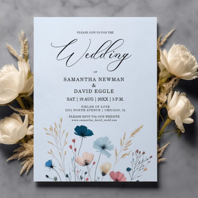 Lámina Invitación a la boda floral azul fuerte y azul (Subido por el creador)