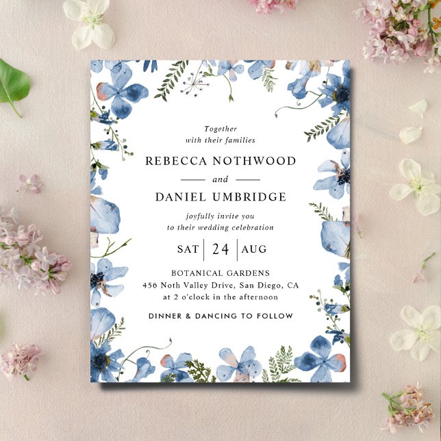 Lámina Invitación a la boda floral azul mínima de presupu (Subido por el creador)